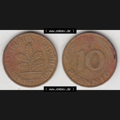 BRD Münze aus Deutschland 1950-2001, 10 Pfennig / 10 Pf. 1978 D - Vollansicht I. als Bildmaterial innerhalb vom online Katalog und online Datenbank für Münzen der... Sammlung