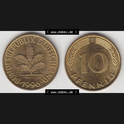 BRD Münze aus Deutschland 1950-2001, 10 Pfennig / 10 Pf. 1996 D - Vollansicht I. als Bildmaterial innerhalb vom online Katalog und online Datenbank für Münzen der... Sammlung