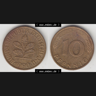 BRD Münze aus Deutschland 1950-2001, 10 Pfennig / 10 Pf. 1990 G - Vollansicht I. als Bildmaterial innerhalb vom online Katalog und online Datenbank für Münzen der... Sammlung