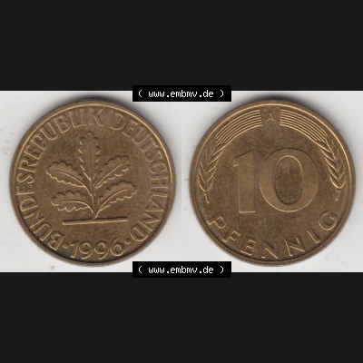BRD Münze aus Deutschland 1990-2001, 10 Pfennig / 10 Pf. 1996 A - Vollansicht I. als Bildmaterial innerhalb vom online Katalog und online Datenbank für Münzen der... Sammlung