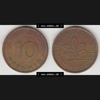 BRD Münze aus Deutschland 1950-2001, 10 Pfennig / 10 Pf. 1980 G - Vollansicht II. als Bildmaterial innerhalb vom online Katalog und online Datenbank für Münzen der... Sammlung