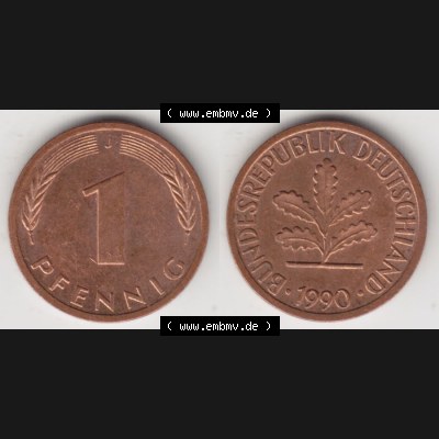 BRD Münze aus Deutschland 1950-2001, 1 Pfennig / 1 Pf. 1990 J - Vollansicht II.. Bild der Vorderseite und Rückseite einer 1 Pfennig Münze der Bundesrepublik... Sammlung