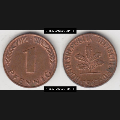 BRD Münze aus Deutschland 1950-2001, 1 Pfennig / 1 Pf. 1967 G - Vollansicht II.. Bild der Vorderseite und Rückseite einer 1 Pfennig Münze der Bundesrepublik... Sammlung
