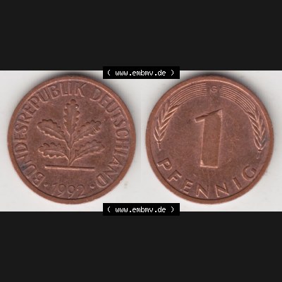 BRD Münze aus Deutschland 1950-2001, 1 Pfennig / 1 Pf. 1992 G - Vollansicht I.. Bild der Vorderseite und Rückseite einer 1 Pfennig Münze der Bundesrepublik... Sammlung