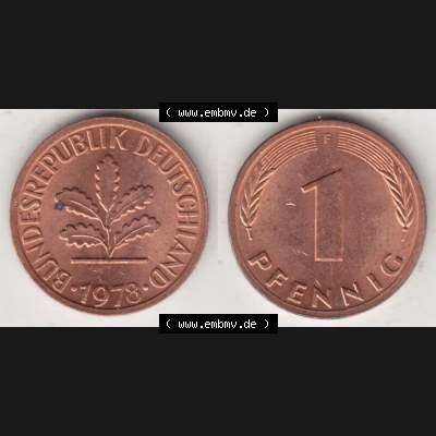 BRD Münze aus Deutschland 1950-2001, 1 Pfennig / 1 Pf. 1978 F - Vollansicht I.. Bild der Vorderseite und Rückseite einer 1 Pfennig Münze der Bundesrepublik... Sammlung
