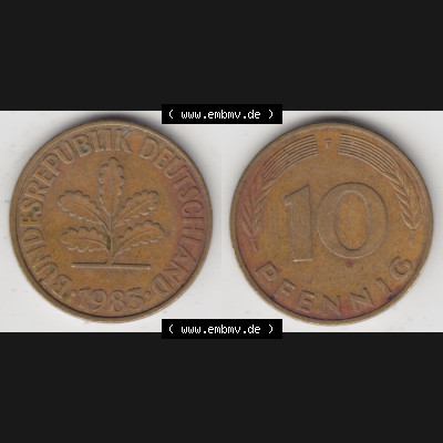 BRD Münze aus Deutschland 1950-2001, 10 Pfennig / 10 Pf. 1983 F - Vollansicht I. als Bildmaterial innerhalb vom online Katalog und online Datenbank für Münzen der... Sammlung