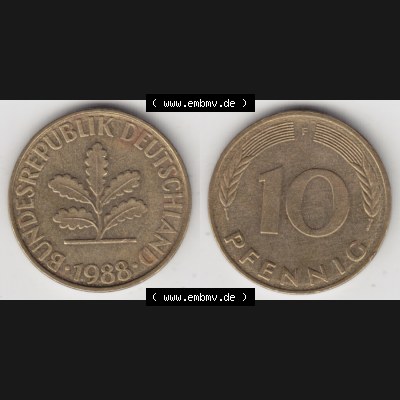 BRD Münze aus Deutschland 1950-2001, 10 Pfennig / 10 Pf. 1988 F - Vollansicht I. als Bildmaterial innerhalb vom online Katalog und online Datenbank für Münzen der... Sammlung