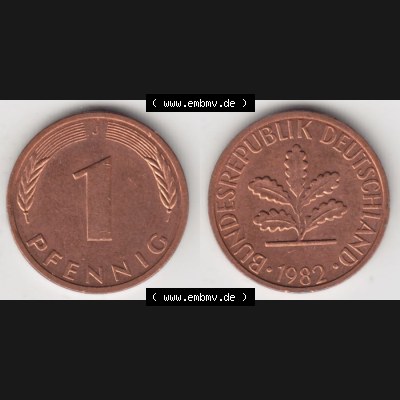 BRD Münze aus Deutschland 1950-2001, 1 Pfennig / 1 Pf. 1982 J - Vollansicht II.. Bild der Vorderseite und Rückseite einer 1 Pfennig Münze der Bundesrepublik... Sammlung