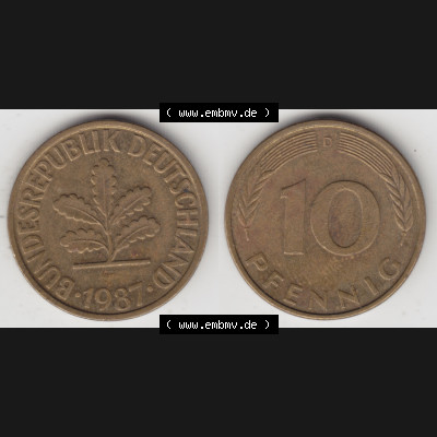 BRD Münze aus Deutschland 1950-2001, 10 Pfennig / 10 Pf. 1987 D - Vollansicht I. als Bildmaterial innerhalb vom online Katalog und online Datenbank für Münzen der... Sammlung