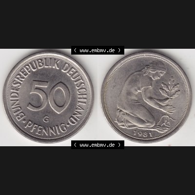 BRD Münze aus Deutschland 1950-2001, 50 Pfennig / 50 Pf. 1981 G - Vollansicht I. als Bildmaterial innerhalb vom online Katalog und online Datenbank für Münzen der... Sammlung