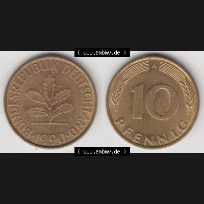 BRD Münze aus Deutschland 1990-2001, 10 Pfennig / 10 Pf. 1990 A - Vollansicht I. als Bildmaterial innerhalb vom online Katalog und online Datenbank für Münzen der... Sammlung