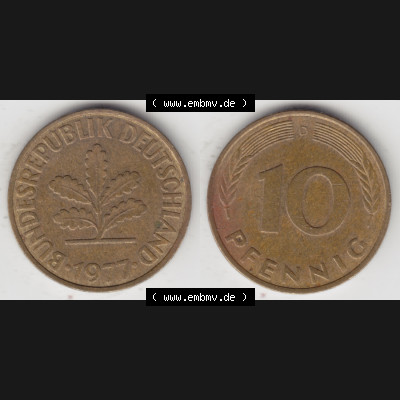 BRD Münze aus Deutschland 1950-2001, 10 Pfennig / 10 Pf. 1977 D - Vollansicht I. als Bildmaterial innerhalb vom online Katalog und online Datenbank für Münzen der... Sammlung