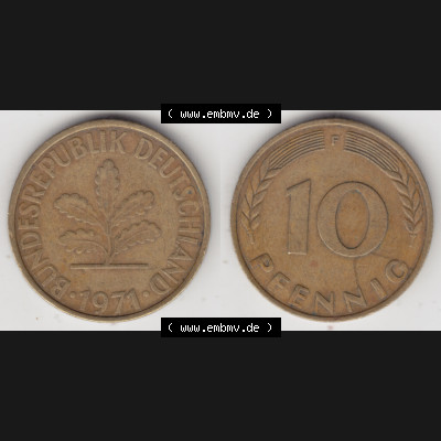 BRD Münze aus Deutschland 1950-2001, 10 Pfennig / 10 Pf. 1971 F - Vollansicht I. als Bildmaterial innerhalb vom online Katalog und online Datenbank für Münzen der... Sammlung