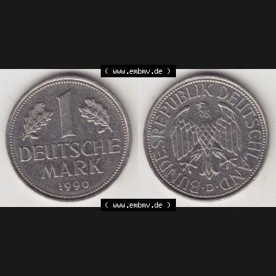 BRD Münze aus Deutschland 1950-2001, 1 Deutsche Mark / 1 DM 1990 D - Vollansicht II. als Bildmaterial innerhalb vom online Katalog und online Datenbank für Münzen der BRD... Sammlung