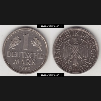 BRD Münze aus Deutschland 1950-2001, 1 Deutsche Mark / 1 DM 1990 F - Vollansicht II. als Bildmaterial innerhalb vom online Katalog und online Datenbank für Münzen der BRD... Sammlung