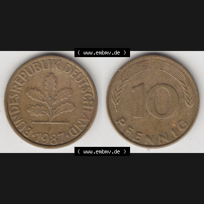 BRD Münze aus Deutschland 1950-2001, 10 Pfennig / 10 Pf. 1987 F - Vollansicht I. als Bildmaterial innerhalb vom online Katalog und online Datenbank für Münzen der... Sammlung