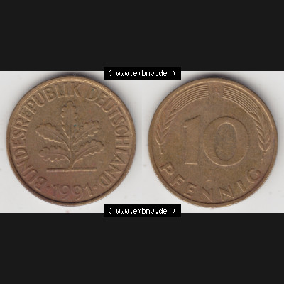 BRD Münze aus Deutschland 1990-2001, 10 Pfennig / 10 Pf. 1991 A - Vollansicht I. als Bildmaterial innerhalb vom online Katalog und online Datenbank für Münzen der... Sammlung