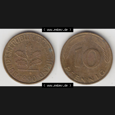 BRD Münze aus Deutschland 1950-2001, 10 Pfennig / 10 Pf. 1990 F - Vollansicht I. als Bildmaterial innerhalb vom online Katalog und online Datenbank für Münzen der... Sammlung