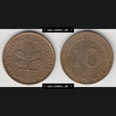 BRD Münze aus Deutschland 1990-2001, 10 Pfennig / 10 Pf. 1994 A - Vollansicht I. als Bildmaterial innerhalb vom online Katalog und online Datenbank für Münzen der... Sammlung