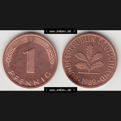 BRD Münze aus Deutschland 1950-2001, 1 Pfennig / 1 Pf. 1989 D - Vollansicht II.. Bild der Vorderseite und Rückseite einer 1 Pfennig Münze der Bundesrepublik... Sammlung