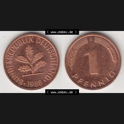 BRD Münze aus Deutschland 1950-2001, 1 Pfennig / 1 Pf. 1988 D - Vollansicht I.. Bild der Vorderseite und Rückseite einer 1 Pfennig Münze der Bundesrepublik... Sammlung