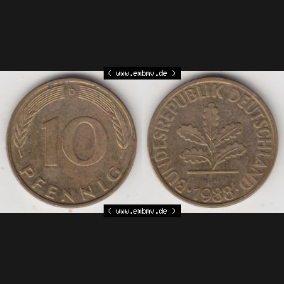 BRD Münze aus Deutschland 1950-2001, 10 Pfennig / 10 Pf. 1988 D - Vollansicht II. als Bildmaterial innerhalb vom online Katalog und online Datenbank für Münzen der... Sammlung