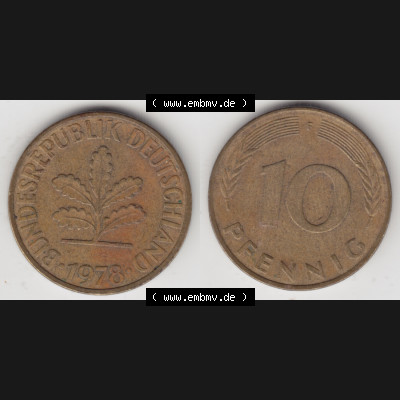 BRD Münze aus Deutschland 1950-2001, 10 Pfennig / 10 Pf. 1978 F - Vollansicht I. als Bildmaterial innerhalb vom online Katalog und online Datenbank für Münzen der... Sammlung