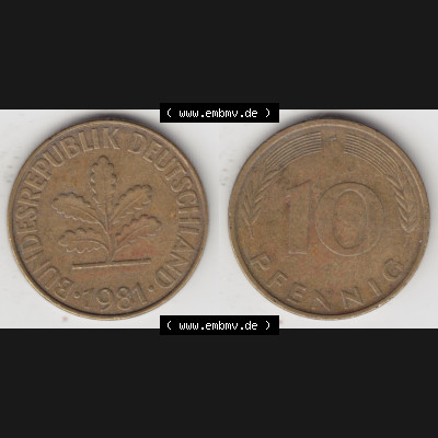 BRD Münze aus Deutschland 1950-2001, 10 Pfennig / 10 Pf. 1981 F - Vollansicht I. als Bildmaterial innerhalb vom online Katalog und online Datenbank für Münzen der... Sammlung