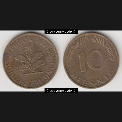 BRD Münze aus Deutschland 1950-2001, 10 Pfennig / 10 Pf. 1991 D - Vollansicht I. als Bildmaterial innerhalb vom online Katalog und online Datenbank für Münzen der... Sammlung