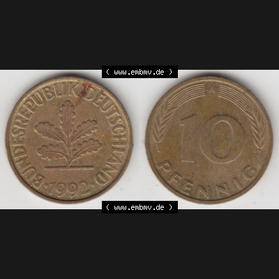 BRD Münze aus Deutschland 1990-2001, 10 Pfennig / 10 Pf. 1992 A - Vollansicht I. als Bildmaterial innerhalb vom online Katalog und online Datenbank für Münzen der... Sammlung