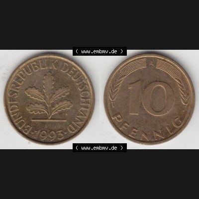 BRD Münze aus Deutschland 1990-2001, 10 Pfennig / 10 Pf. 1993 A - Vollansicht I. als Bildmaterial innerhalb vom online Katalog und online Datenbank für Münzen der... Sammlung