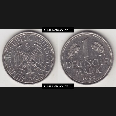 BRD Münze aus Deutschland 1950-2001, 1 Deutsche Mark / 1 DM 1990 D - Vollansicht I. als Bildmaterial innerhalb vom online Katalog und online Datenbank für Münzen der BRD... Sammlung
