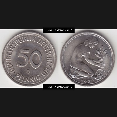 BRD Münze aus Deutschland 1950-2001, 50 Pfennig / 50 Pf. 1980 D - Vollansicht I. als Bildmaterial innerhalb vom online Katalog und online Datenbank für Münzen der... Sammlung