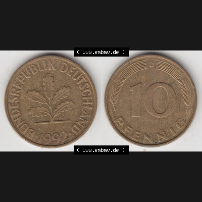 BRD Münze aus Deutschland 1950-2001, 10 Pfennig / 10 Pf. 1992 D - Vollansicht I. als Bildmaterial innerhalb vom online Katalog und online Datenbank für Münzen der... Sammlung
