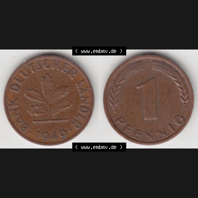 BRD Münze aus Deutschland 1948-1949, 1 Pfennig / 1 Pf. 1949 F - Vollansicht I.. Bild der Vorderseite und Rückseite einer 1 Pfennig Münze der Bundesrepublik... Sammlung
