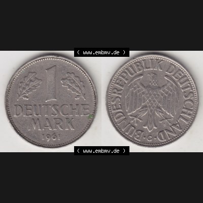 BRD Münze aus Deutschland 1950-2001, 1 Deutsche Mark / 1 DM 1961 G - Vollansicht II. als Bildmaterial innerhalb vom online Katalog und online Datenbank für Münzen der BRD... Sammlung