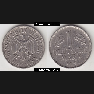 BRD Münze aus Deutschland 1950-2001, 1 Deutsche Mark / 1 DM 1959 F - Vollansicht I. als Bildmaterial innerhalb vom online Katalog und online Datenbank für Münzen der BRD... Sammlung