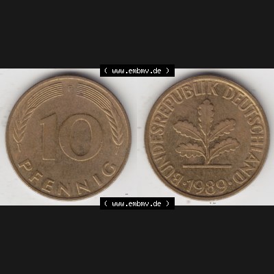 BRD Münze aus Deutschland 1950-2001, 10 Pfennig / 10 Pf. 1989 F - Vollansicht I. als Bildmaterial innerhalb vom online Katalog und online Datenbank für Münzen der... Sammlung