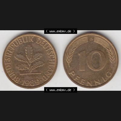 BRD Münze aus Deutschland 1950-2001, 10 Pfennig / 10 Pf. 1989 G - Vollansicht I. als Bildmaterial innerhalb vom online Katalog und online Datenbank für Münzen der... Sammlung