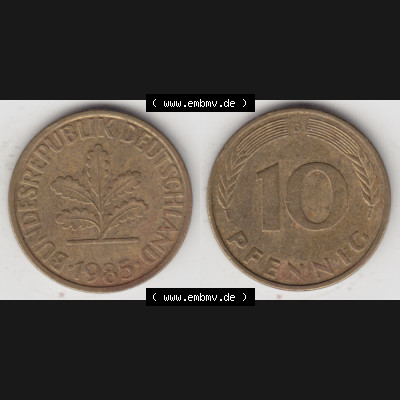 BRD Münze aus Deutschland 1950-2001, 10 Pfennig / 10 Pf. 1985 D - Vollansicht I. als Bildmaterial innerhalb vom online Katalog und online Datenbank für Münzen der... Sammlung