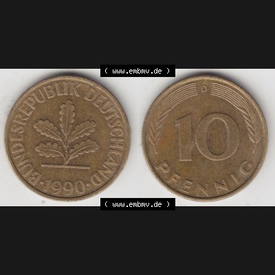 BRD Münze aus Deutschland 1950-2001, 10 Pfennig / 10 Pf. 1990 D - Vollansicht I. als Bildmaterial innerhalb vom online Katalog und online Datenbank für Münzen der... Sammlung