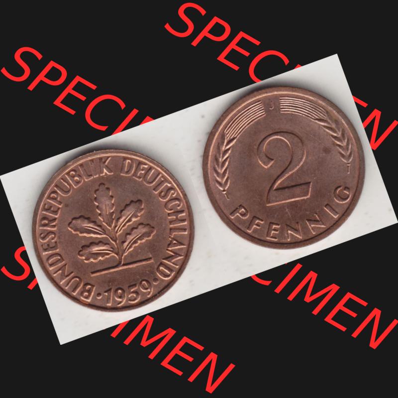 BRD Münze aus Deutschland 1950-2001, 2 Pfennig / 2 Pf. 1959 J - Vollansicht I.. Bild der Vorderseite und Rückseite einer 2 Pfennig Münze der Bundesrepublik... Sammlung