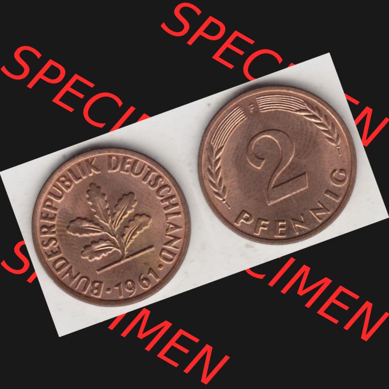 BRD Münze aus Deutschland 1950-2001, 2 Pfennig / 2 Pf. 1961 F - Vollansicht I.. Bild der Vorderseite und Rückseite einer 2 Pfennig Münze der Bundesrepublik... Sammlung
