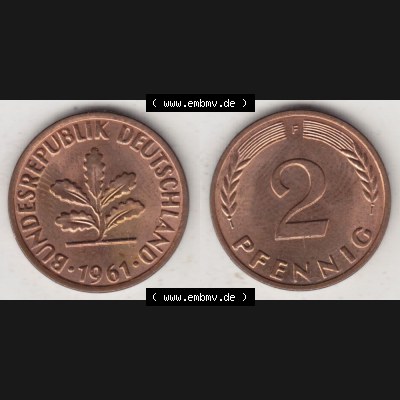BRD Münze aus Deutschland 1950-2001, 2 Pfennig / 2 Pf. 1961 F - Vollansicht I.. Bild der Vorderseite und Rückseite einer 2 Pfennig Münze der Bundesrepublik... Sammlung