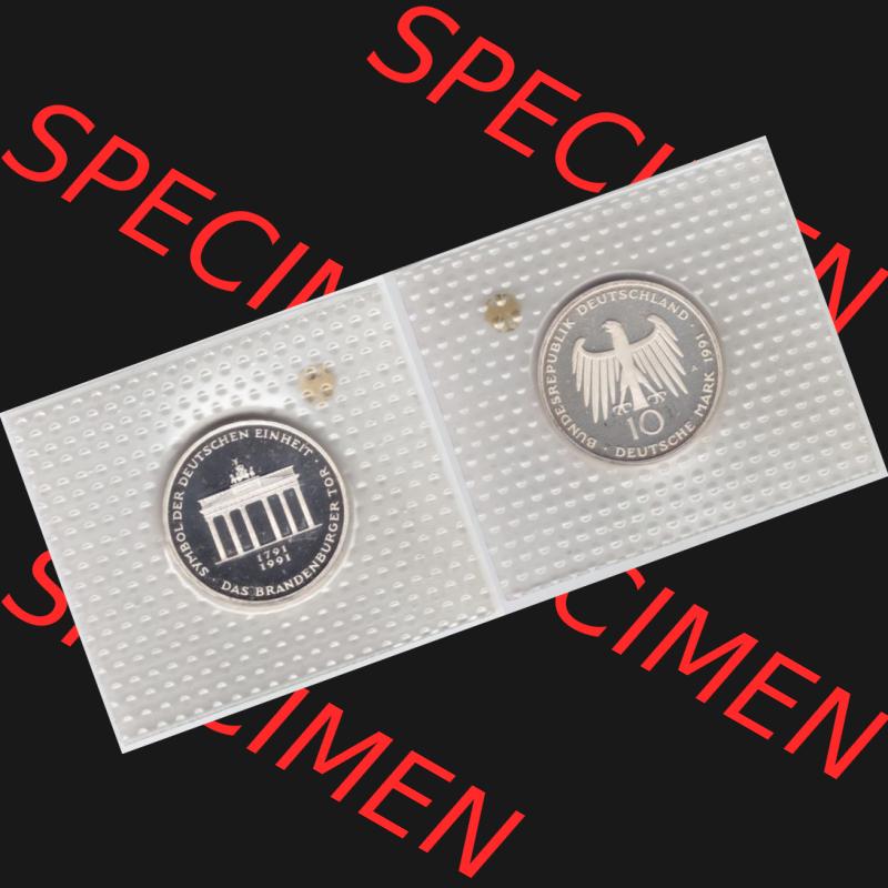 BRD Münze aus Deutschland 1991, 10 DM Gedenkmünze PP in Noppenfolie 10 Deutsche Mark Silber Brandenburger Tor - Vollansicht als Bildmaterial innerhalb vom online Katalog und online Datenbank... Sammlung