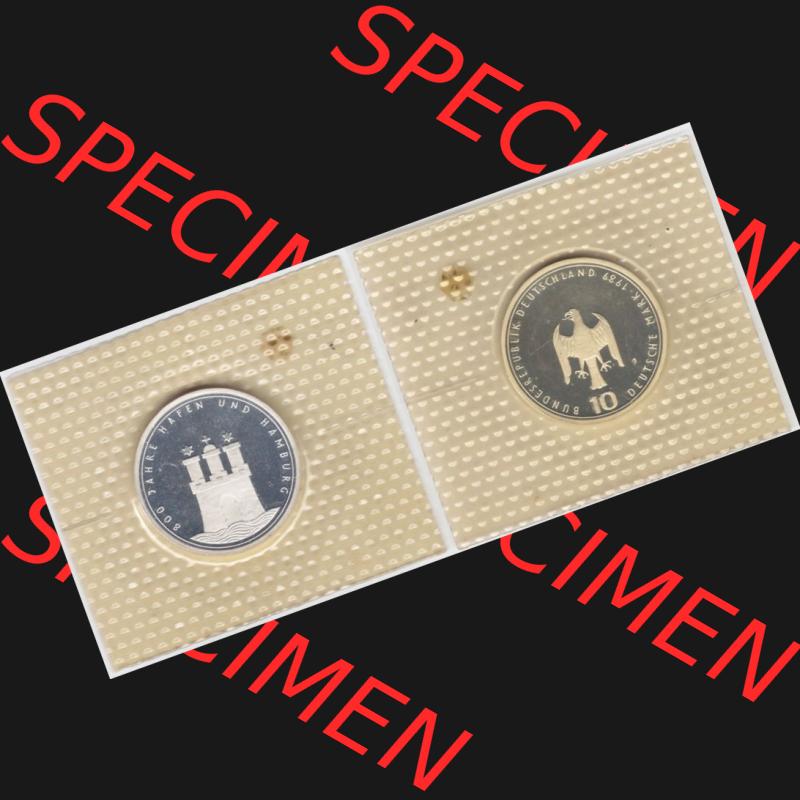 BRD Münze aus Deutschland 1989, 10 DM Gedenkmünze PP in Noppenfolie 10 Deutsche Mark Silber 800 Jahre Hamburg - Vollansicht als Bildmaterial innerhalb vom online Katalog und online Datenbank... Sammlung