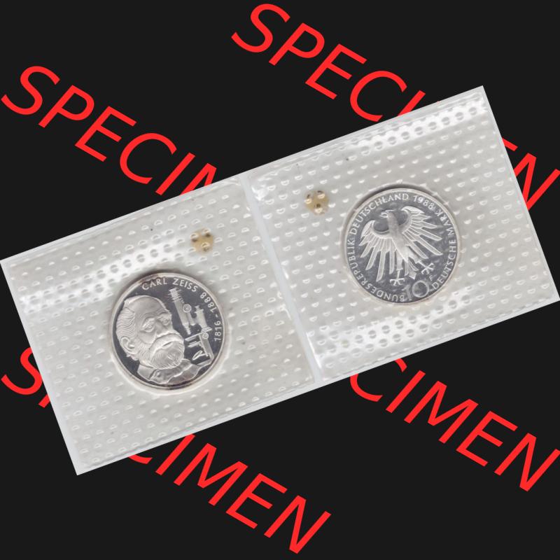 BRD Münze aus Deutschland 1988, 10 DM Gedenkmünze PP in Noppenfolie 10 Deutsche Mark Silber Carl Zeiss - Vollansicht als Bildmaterial innerhalb vom online Katalog und online Datenbank für... Sammlung