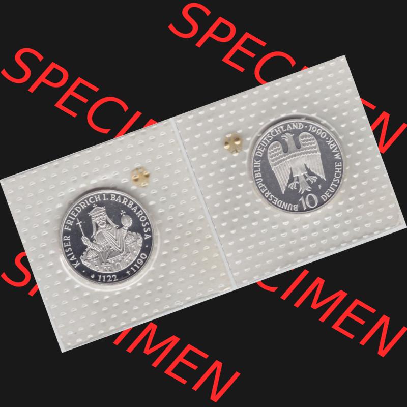 BRD Münze aus Deutschland 1990, 10 DM Gedenkmünze PP in Noppenfolie 10 Deutsche Mark Silber Kaiser Barbarossa - Vollansicht als Bildmaterial innerhalb vom online Katalog und online Datenbank... Sammlung