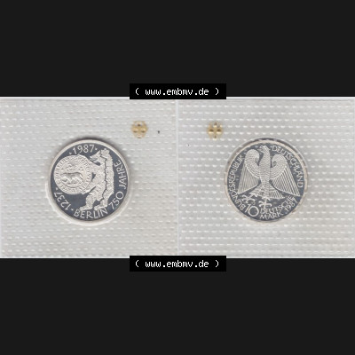 BRD Münze aus Deutschland 1987, 10 DM Gedenkmünze PP in Noppenfolie 10 Deutsche Mark Silber 750 Jahre Berlin - Vollansicht als Bildmaterial innerhalb vom online Katalog und online Datenbank... Sammlung