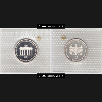 BRD Münze aus Deutschland 1991, 10 DM Gedenkmünze PP in Noppenfolie 10 Deutsche Mark Silber Brandenburger Tor - Vollansicht als Bildmaterial innerhalb vom online Katalog und online Datenbank... Sammlung